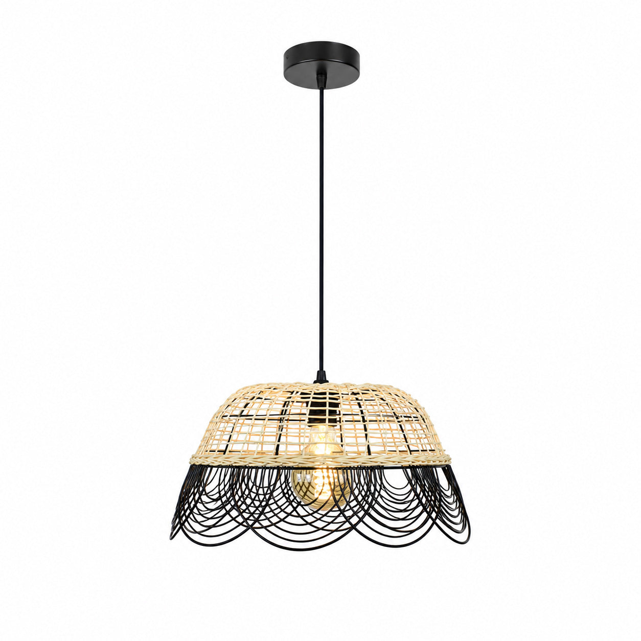 Vitang Rattan & Black Metal Pendant — Two-Tone Petal, 41cm