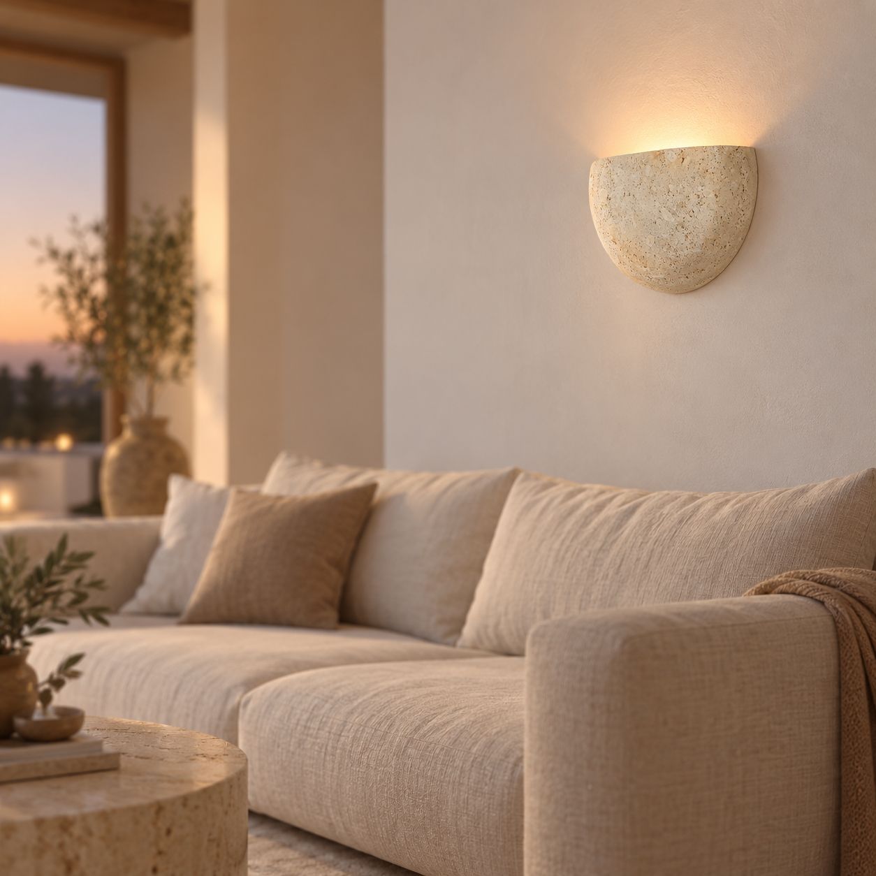 Wara Travertine Wall Light — Semi-Circular, Beige