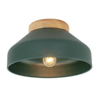 Forest green Nordic ceiling light showing curved dome shade detail and wood mounting