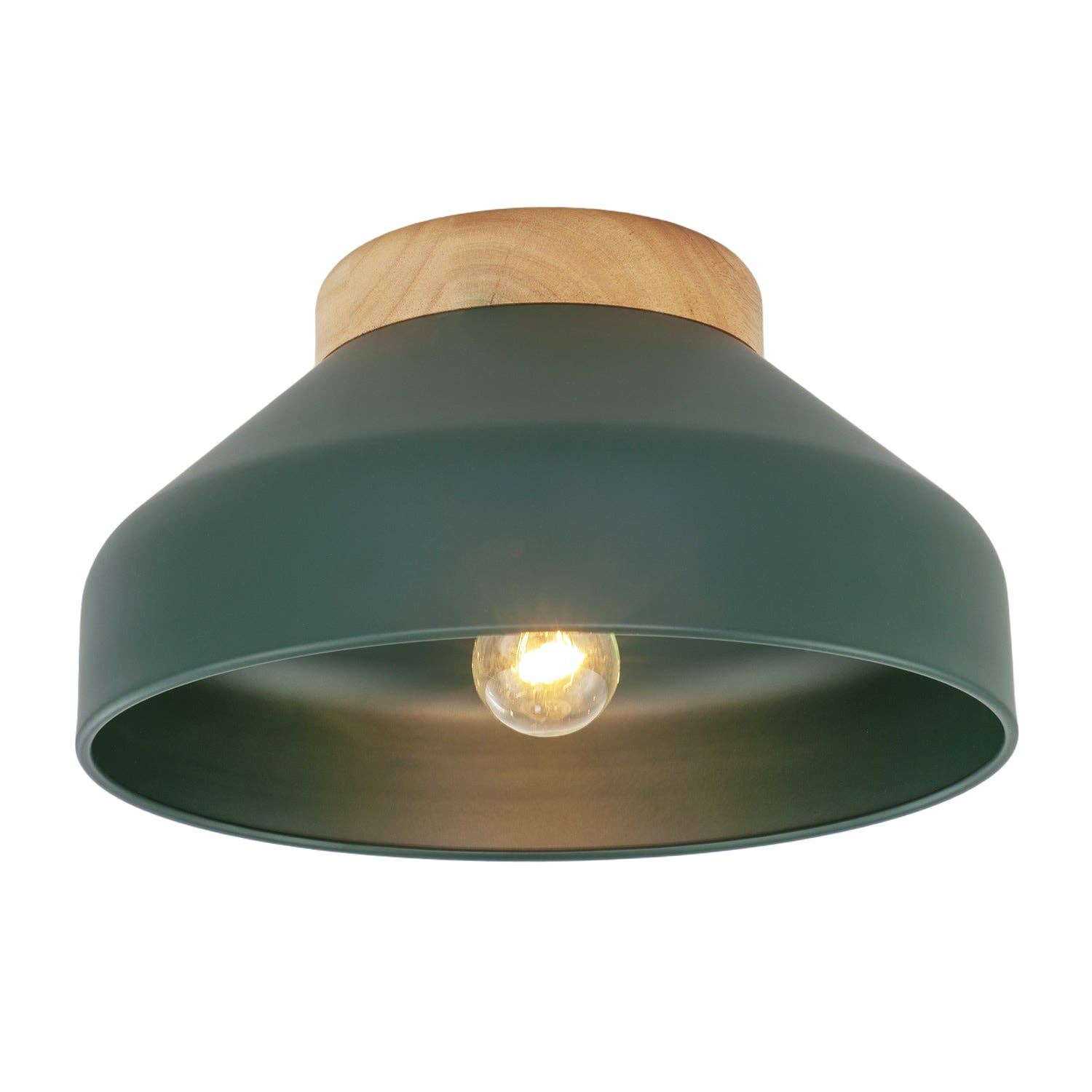 Forest green Nordic ceiling light showing curved dome shade detail and wood mounting