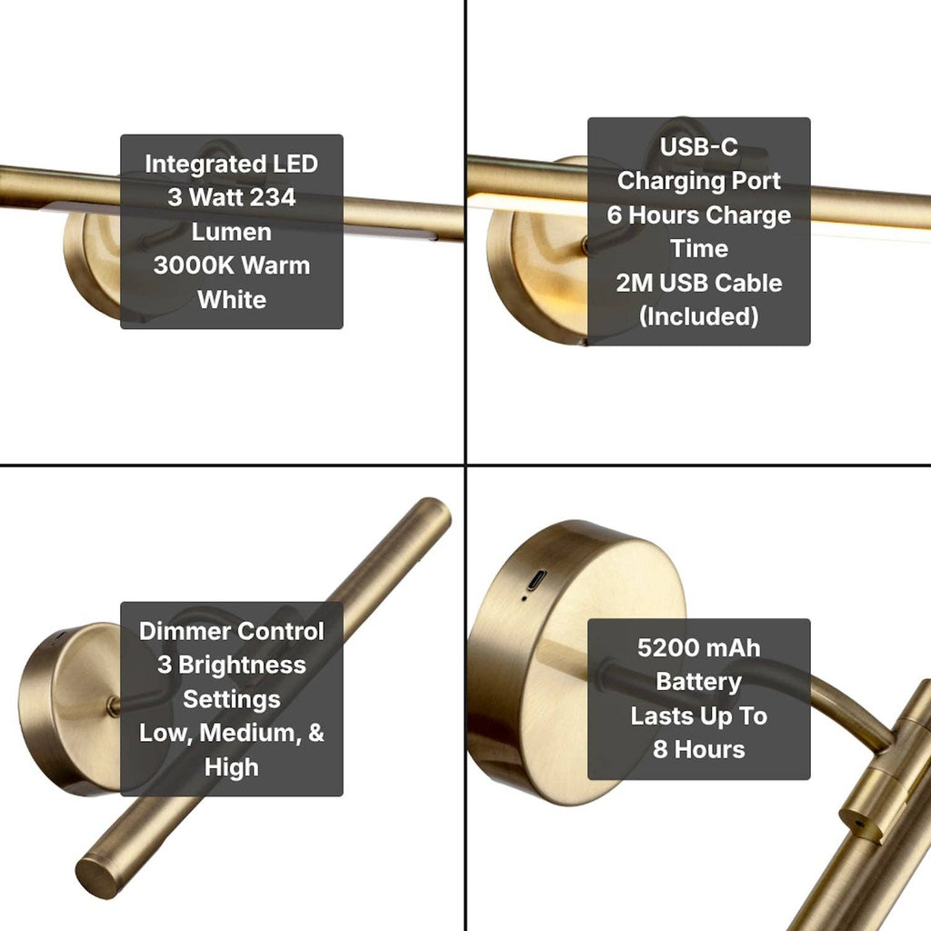 Arvo Rechargeable Picture Light — Antique Brass, Touch Dimmer