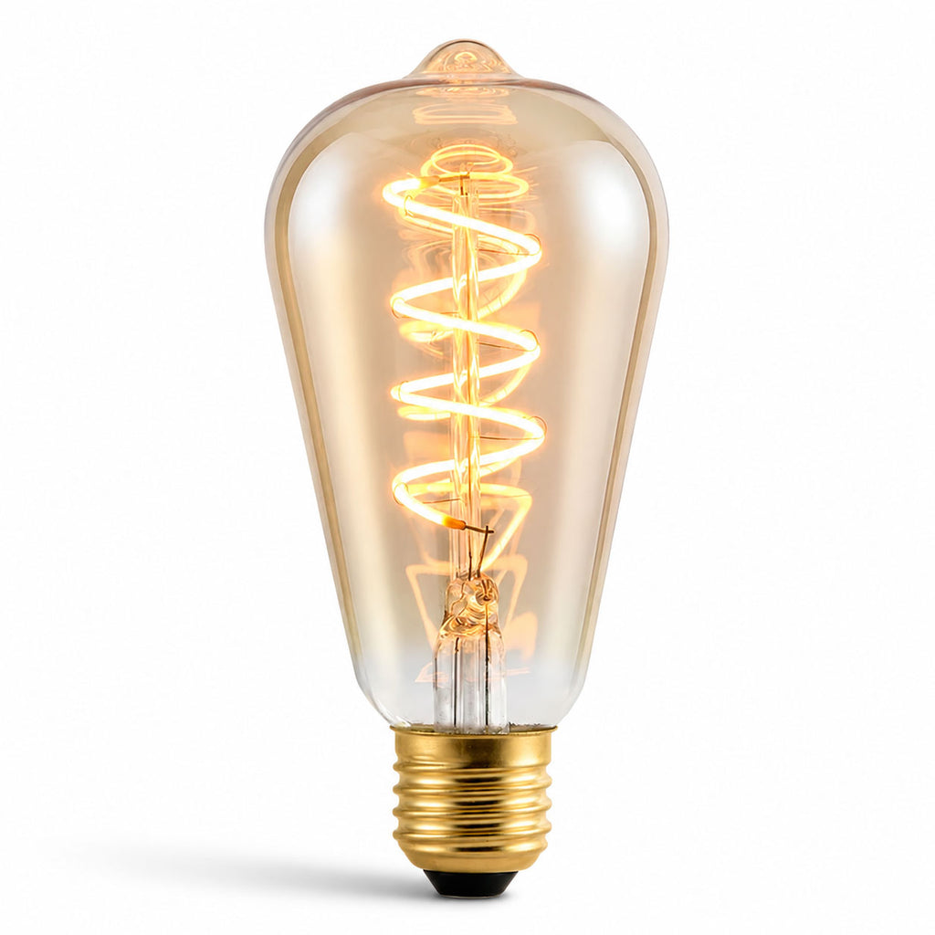 Lumara amber ST64 spiral filament E27 bulb lit with warm 1800K glow