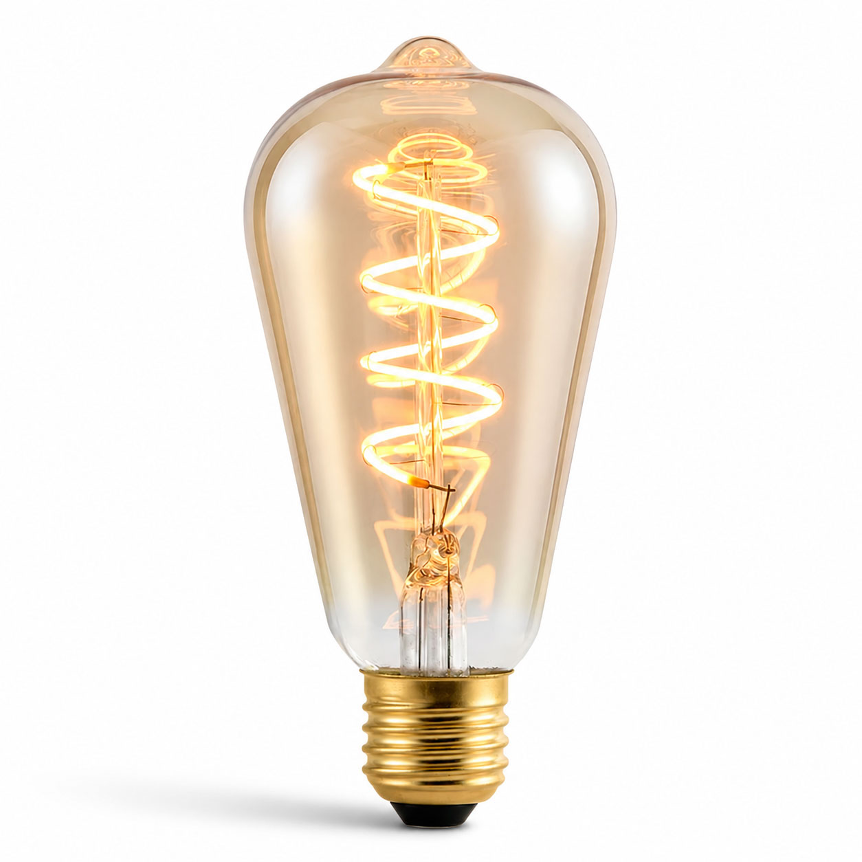 Lumara amber ST64 spiral filament E27 bulb lit with warm 1800K glow