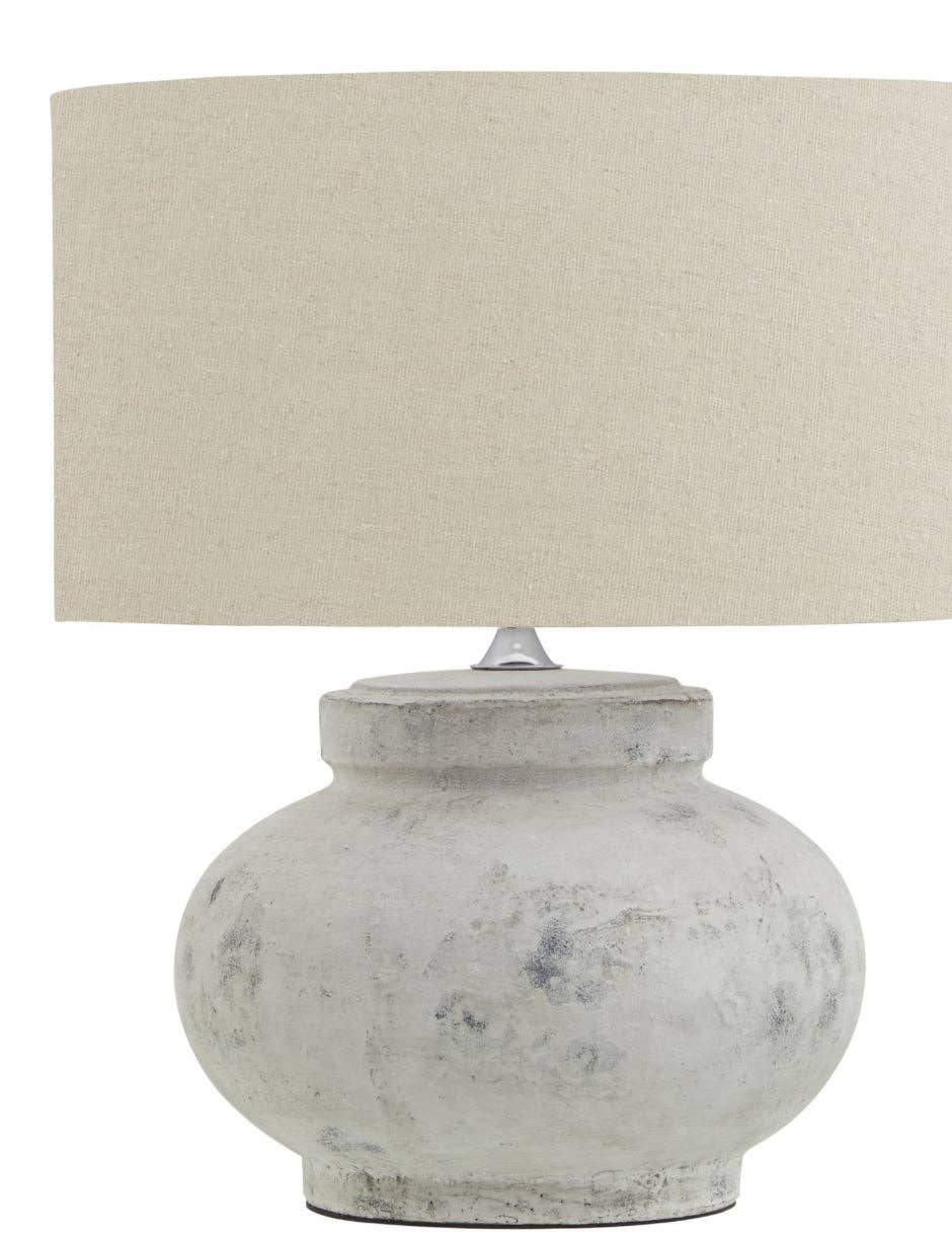 Darcy squat table lamp with antique white finish and linen shade