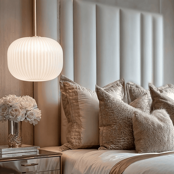 Bellamy white and gold ribbed glass circular pendant ceiling light hanging in modern interior