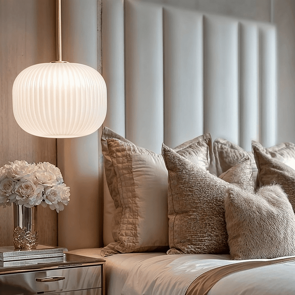 Bellamy white and gold ribbed glass circular pendant ceiling light hanging in modern interior