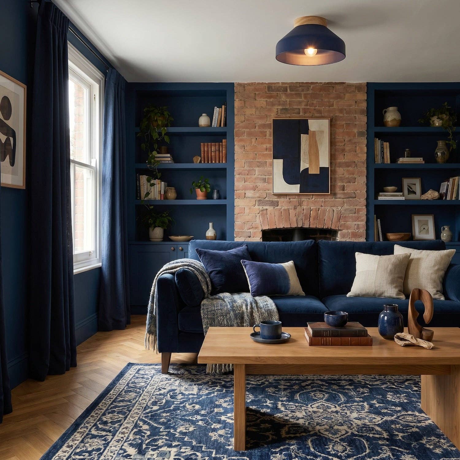 Oslo Semi-Flush Ceiling Light — Midnight Blue, Wood Base