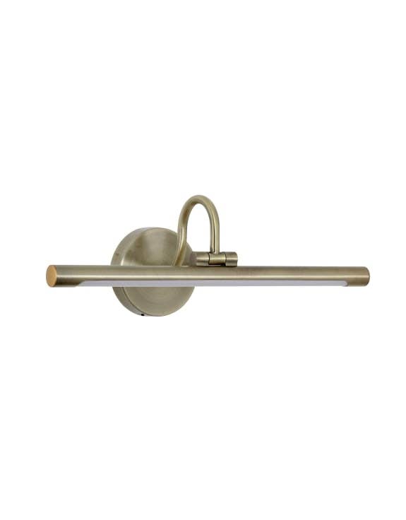 Cordless brass picture light mounted above framed artwork in modern interior