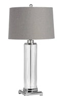 Roma glass table lamp with fluted clear glass base and herringbone patterned shade on chrome stand