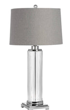 Roma glass table lamp with fluted clear glass base and herringbone patterned shade on chrome stand