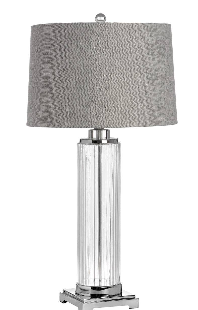 Roma glass table lamp with fluted clear glass base and herringbone patterned shade on chrome stand