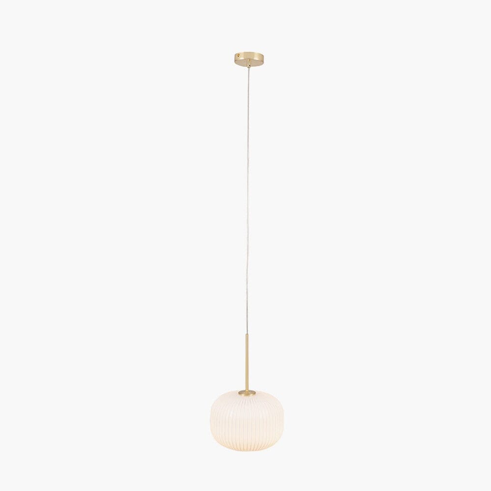 Close up of Bellamy pendant light showing white glass shade with gold ribbed glass detail