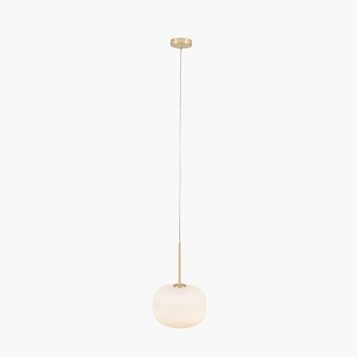 Close up of Bellamy pendant light showing white glass shade with gold ribbed glass detail
