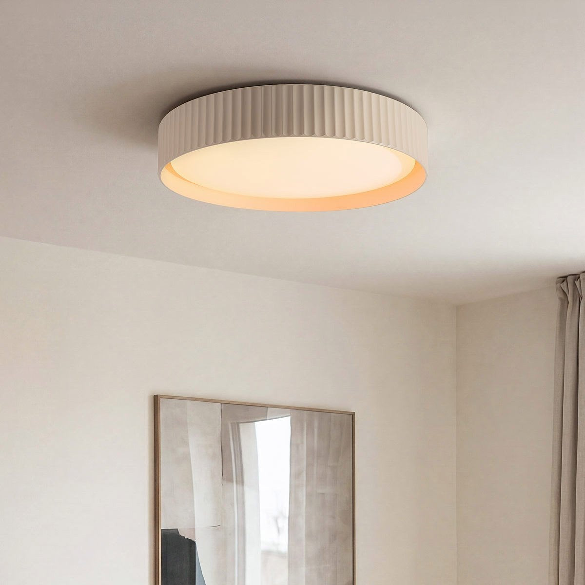 Senna beige ribbed LED flush ceiling light with dimmable feature
