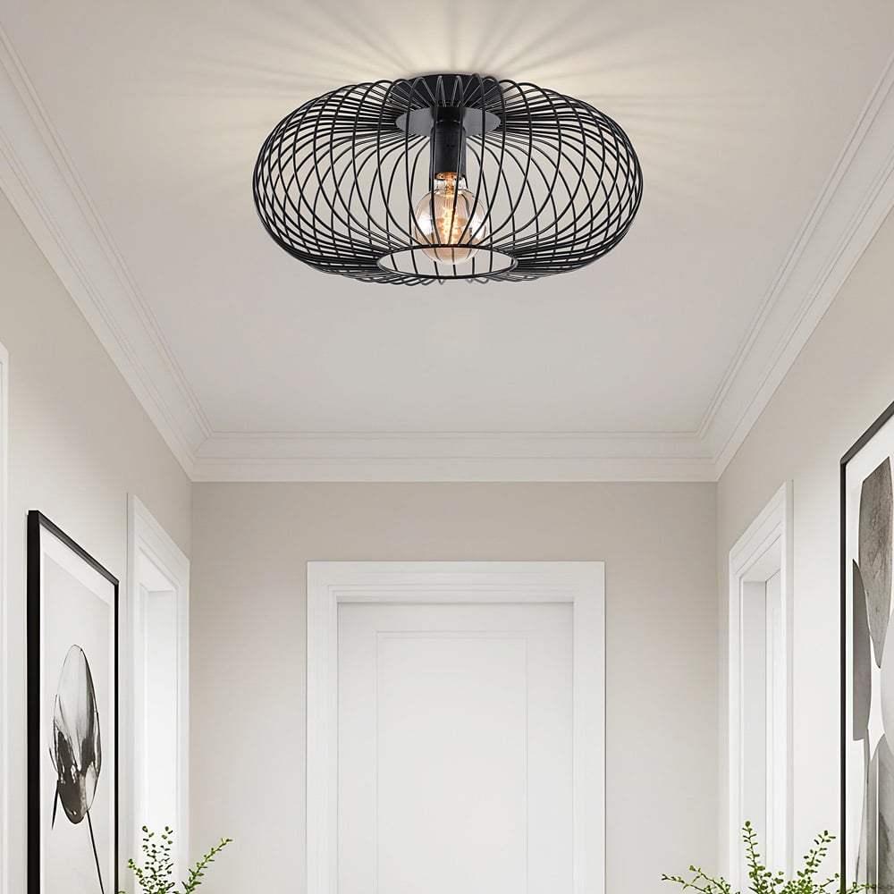 Cayo black industrial cage ceiling light with metal wire frame