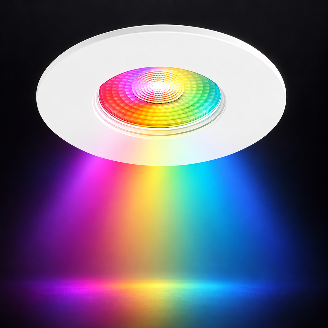 Creo smart RGB fire rated downlight in matt white casting multicolour light