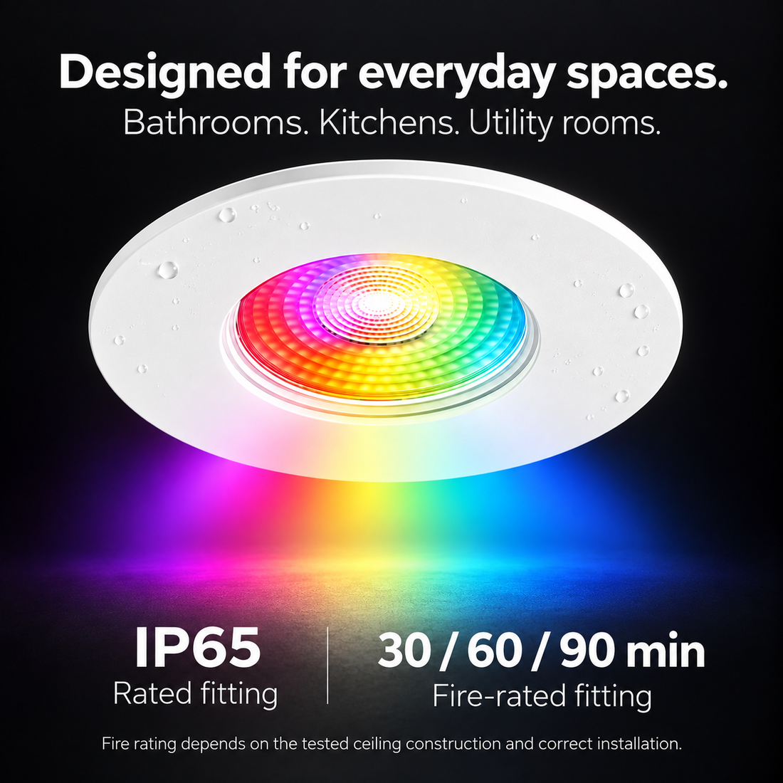 Creo IP65 fire rated downlight for bathrooms, kitchens and utility rooms