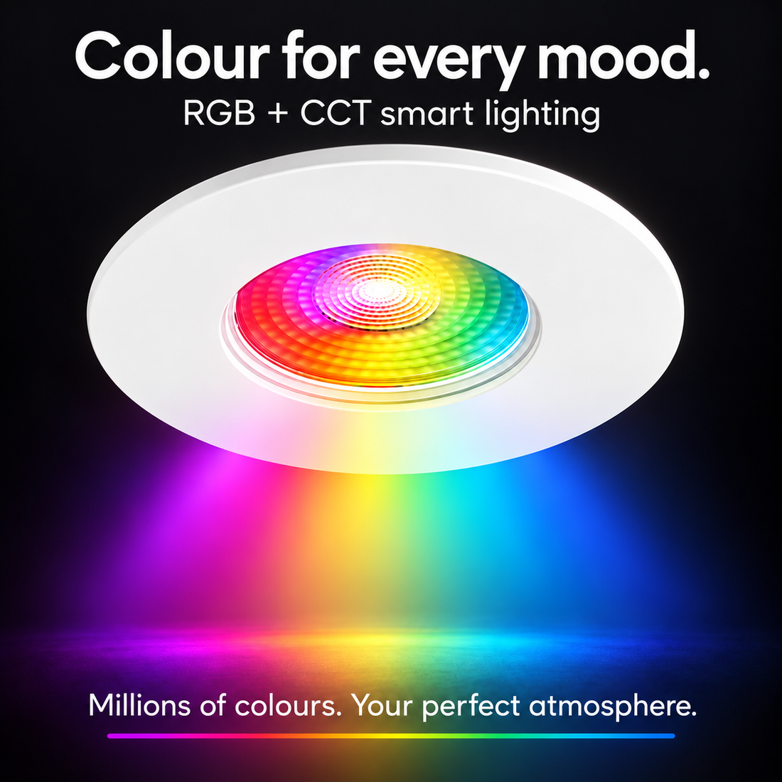 Creo RGB and CCT smart downlight showing a spectrum of colours