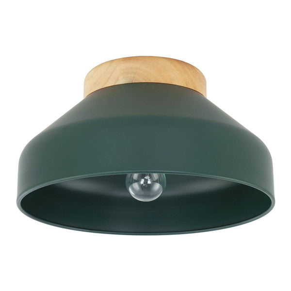Oslo semi-flush ceiling light with forest green dome shade and natural rubberwood base