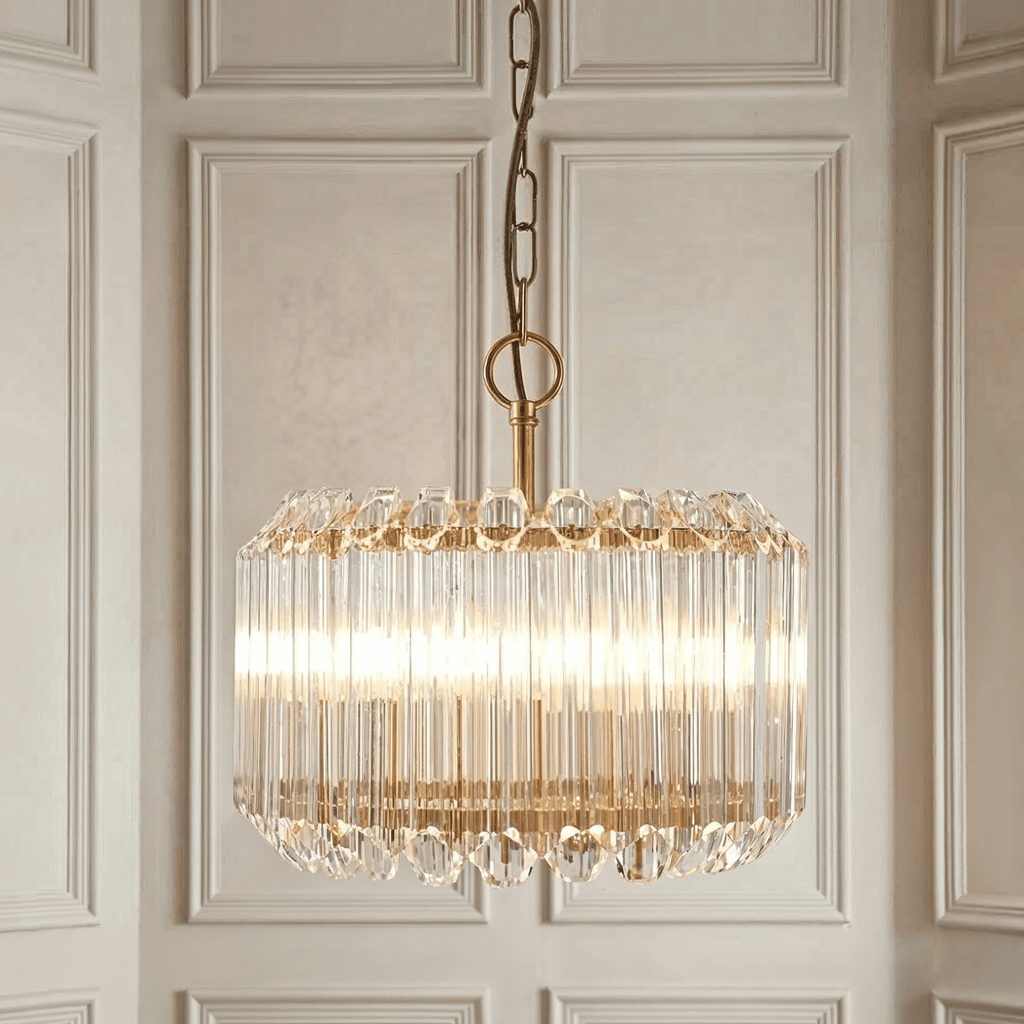 Coltrane gold and glass 3 light pendant ceiling light hanging in modern interior