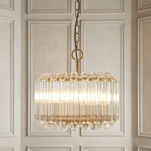 Coltrane gold and glass 3 light pendant ceiling light hanging in modern interior