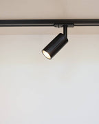 Luminar black track mounted spotlight on white ceiling