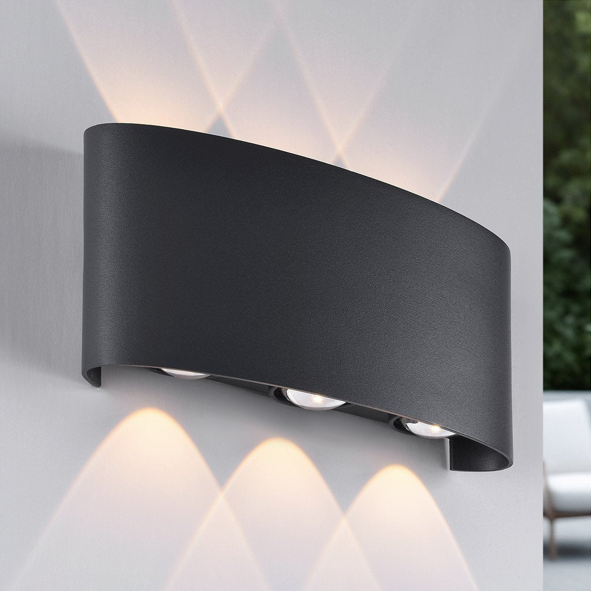 Kyra anthracite aluminium outdoor wall light with up down LED beams mounted on exterior wall