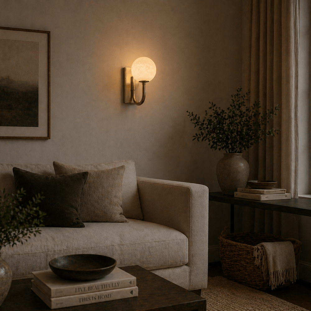 Alabaster Globe Wall Light — Antique Brass after dark
