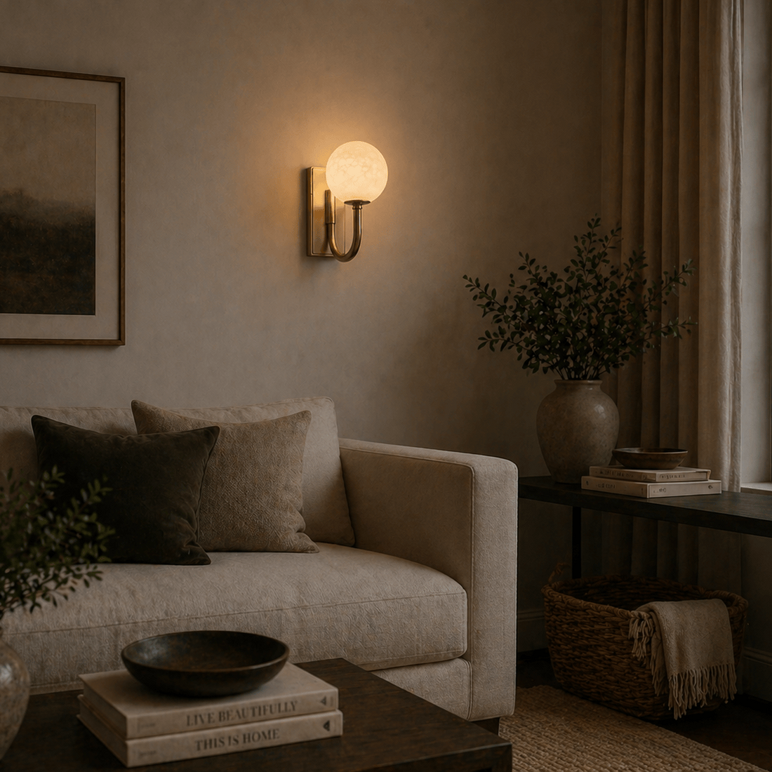 Antique brass alabaster globe sconce glowing above a linen sofa