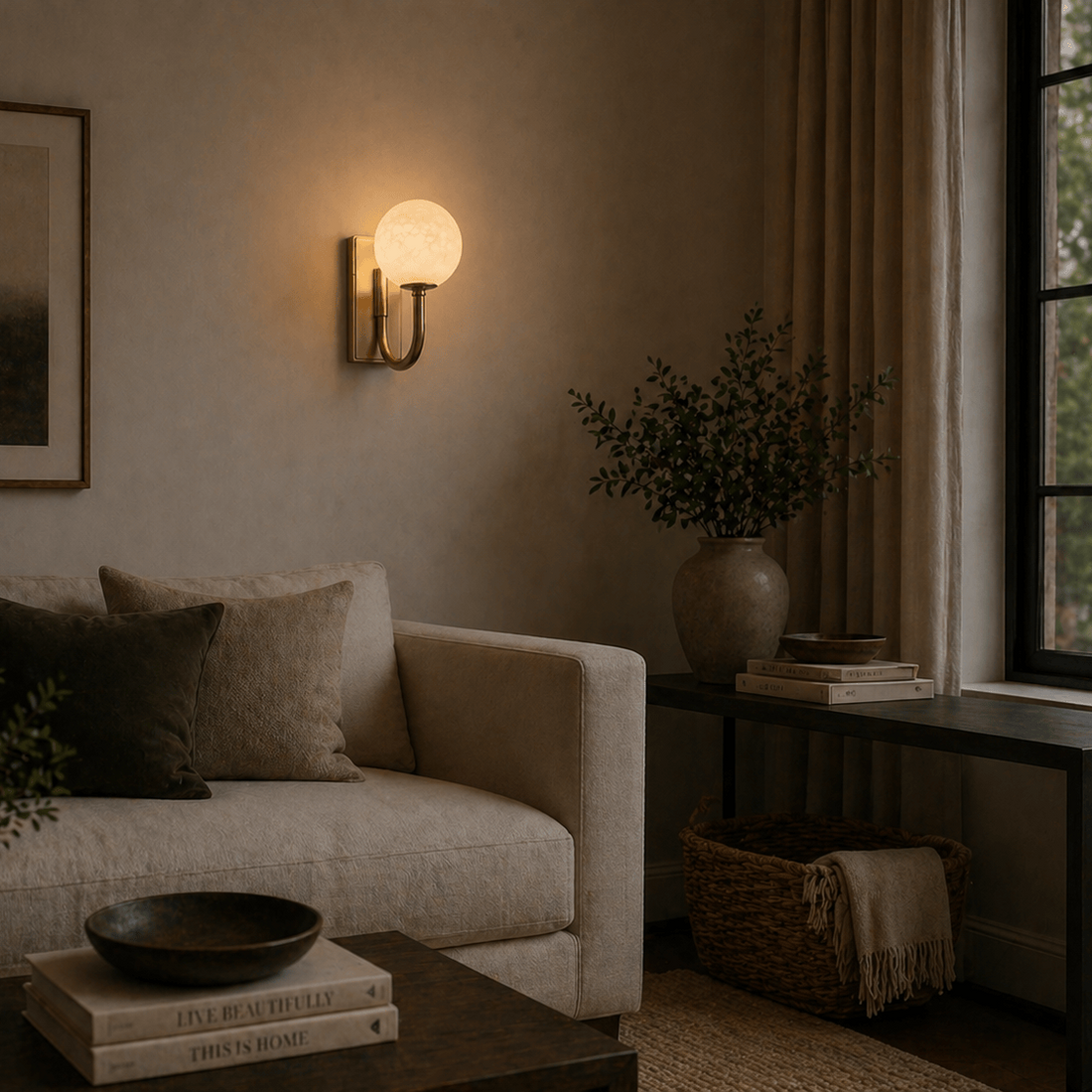 Alabaster and satin brass wall light glowing in a calm neutral sitting room