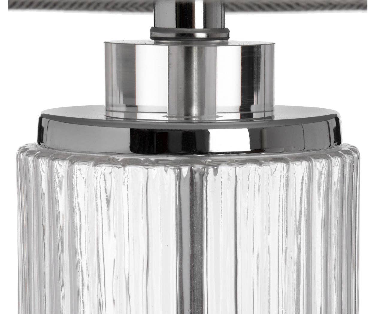 Close-up of Roma lamp's chrome accents and herringbone fabric shade detail