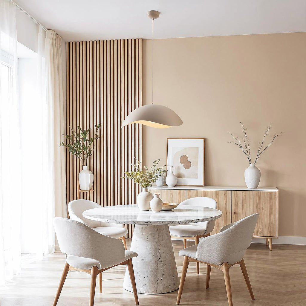 Close-up of sand taupe wavy metal shade showing sculptural design