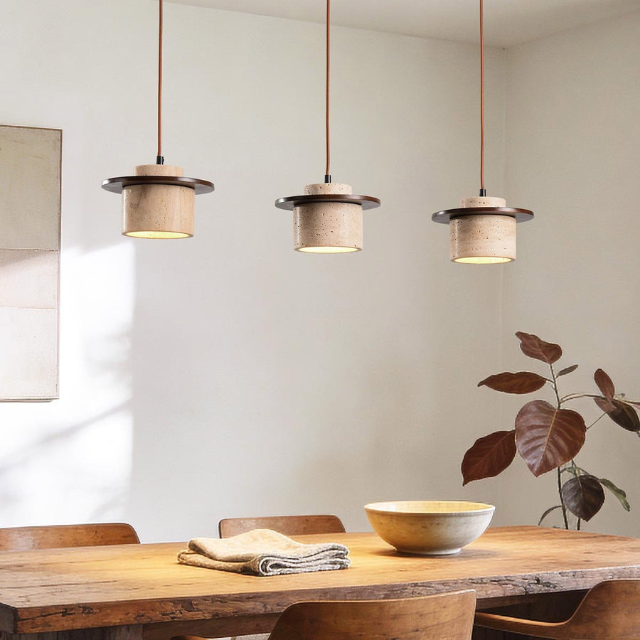 Hoshi Travertine & Wood Pendant Light — 3 Lights