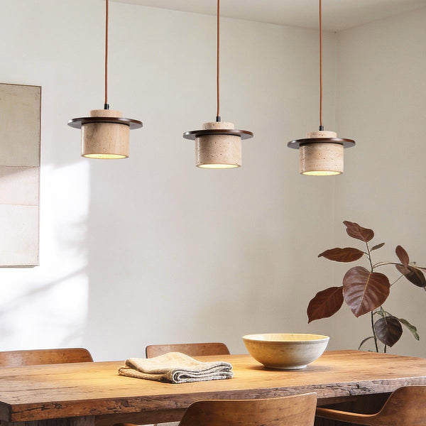 Hoshi three-light travertine and wood pendant light with round shades
