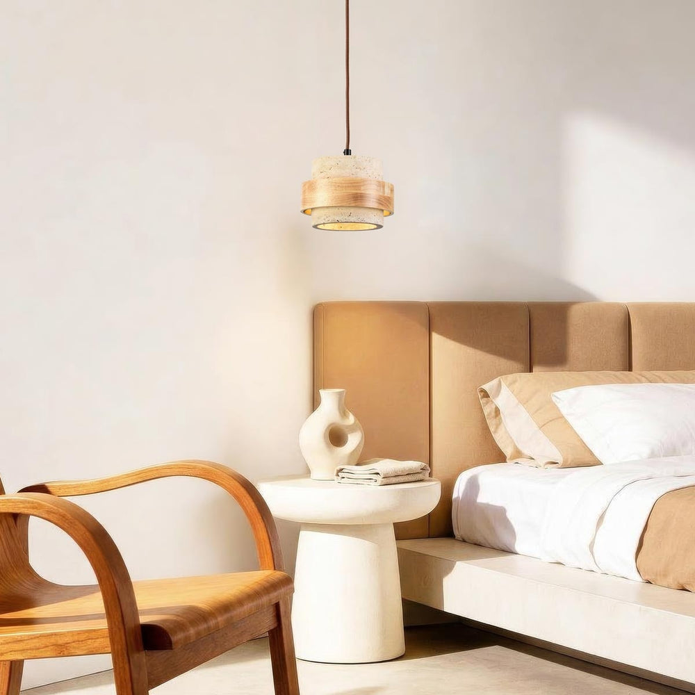 Light and dark brown with travertine beige detail on Enju Travertine & Light Wood Pendant Light — Single