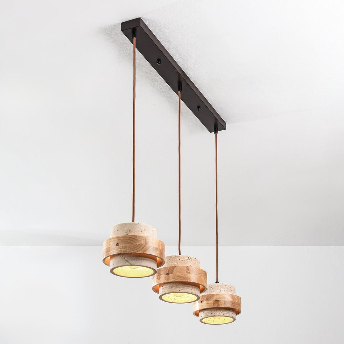 Enju Travertine & Light Wood Pendant Light — 3 Lights
