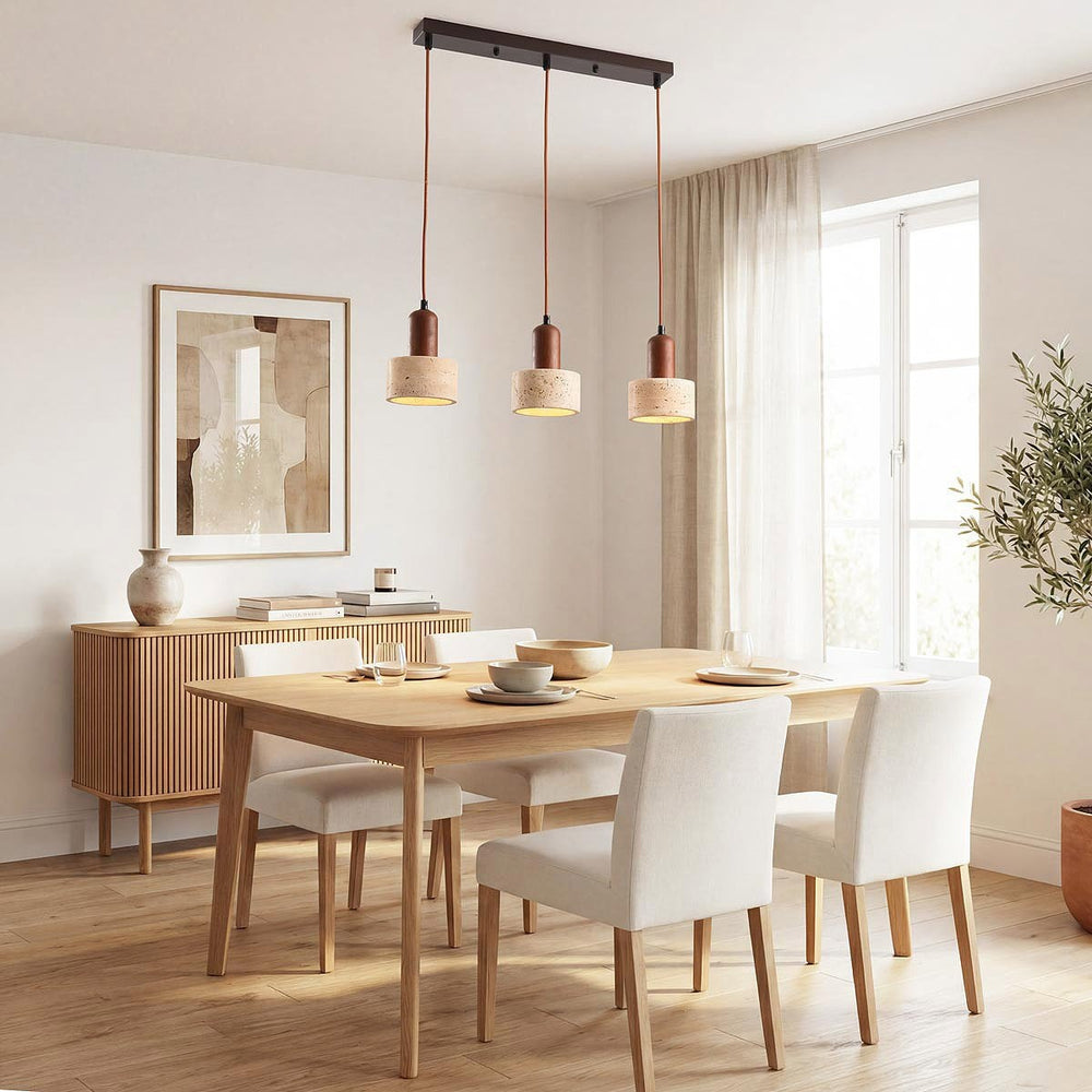 Dark brown and travertine beige detail on Taoka Travertine & Wood Pendant Light — 3 Lights, Linear