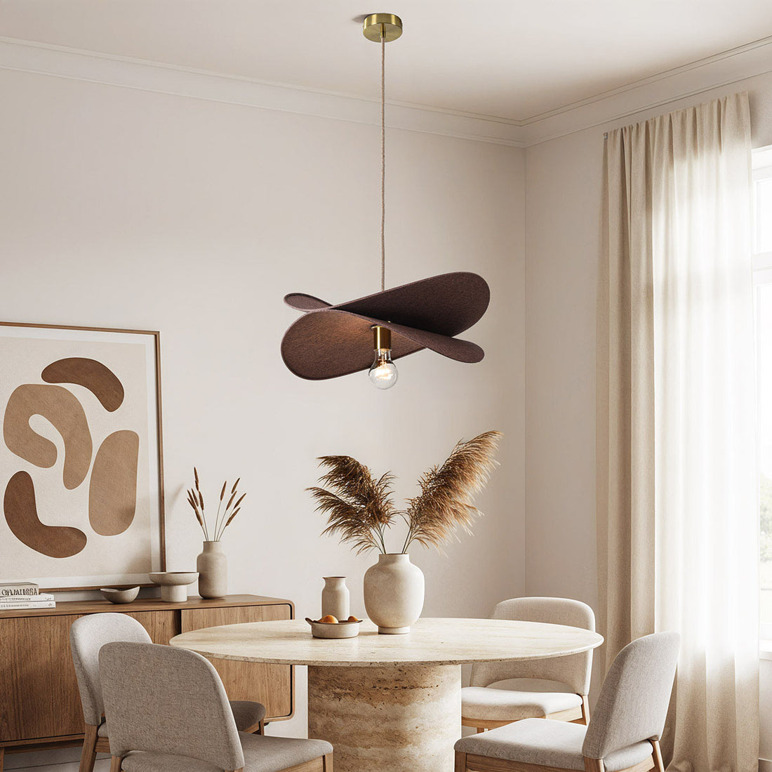 Close-up of brown linen fabric shade on Hemi pendant light fixture