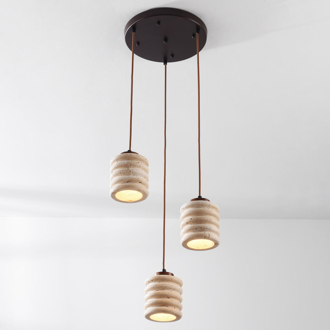 Kyoto Travertine & Wood Cylinder Pendant Light — 3 Lights