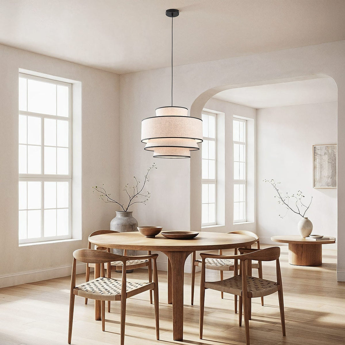 Close up of Nori 50cm pendant light shade showing natural linen texture and black accent