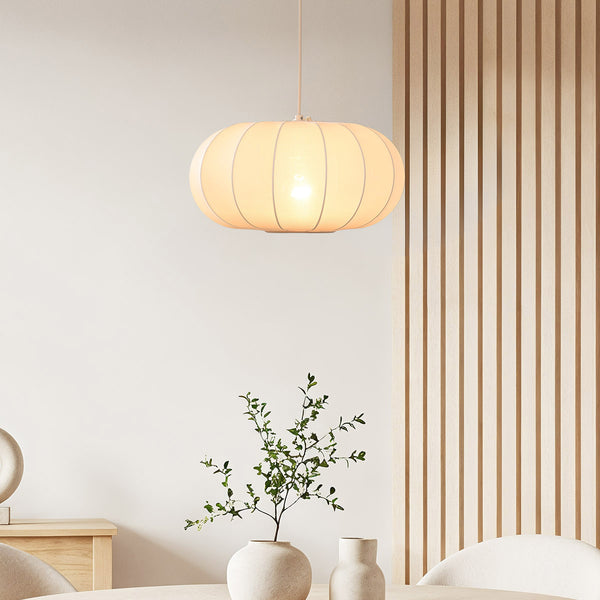 Aya beige fabric drum pendant light 40cm diameter hanging from ceiling