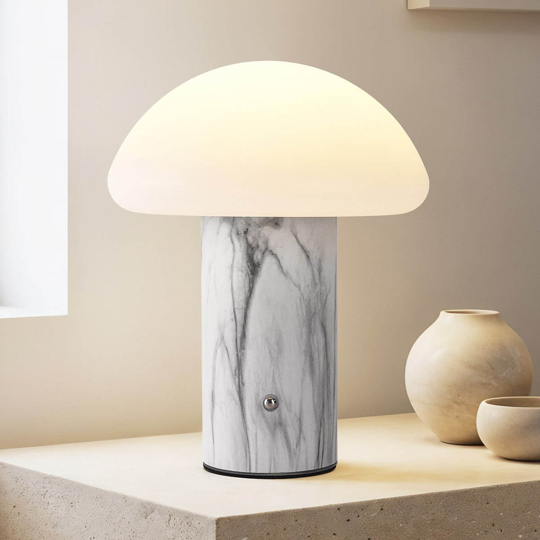 Nila white rechargeable mushroom table lamp 24cm glowing on bedside table