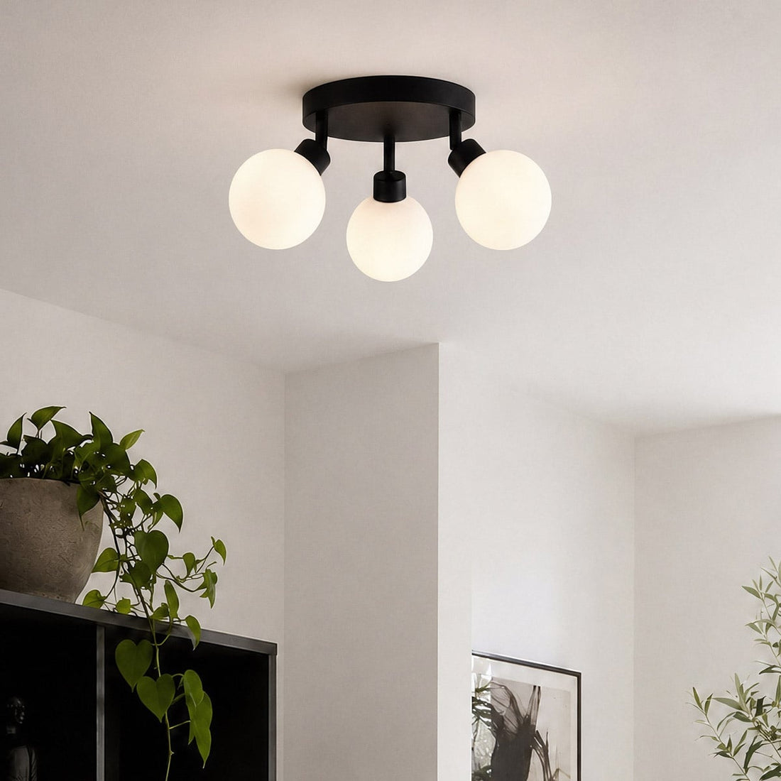 Otto Adjustable Triple Spot Ceiling Light — Black & Opal Glass, IP44