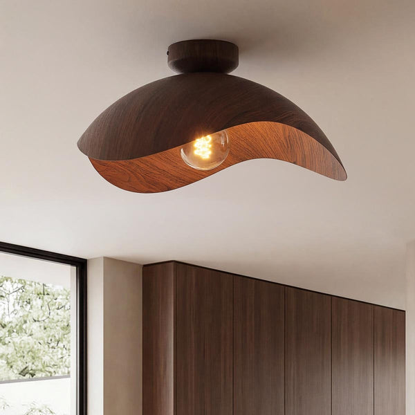 Nami wavy metal ceiling light with walnut finish mounted on white ceiling
