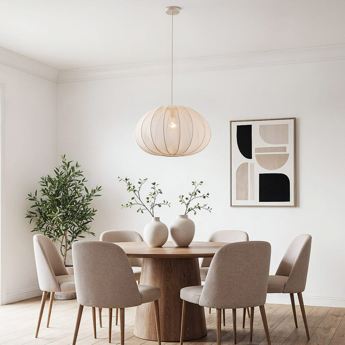 Close-up of Odile Japandi-style beige fabric lampshade showing texture and diffused light