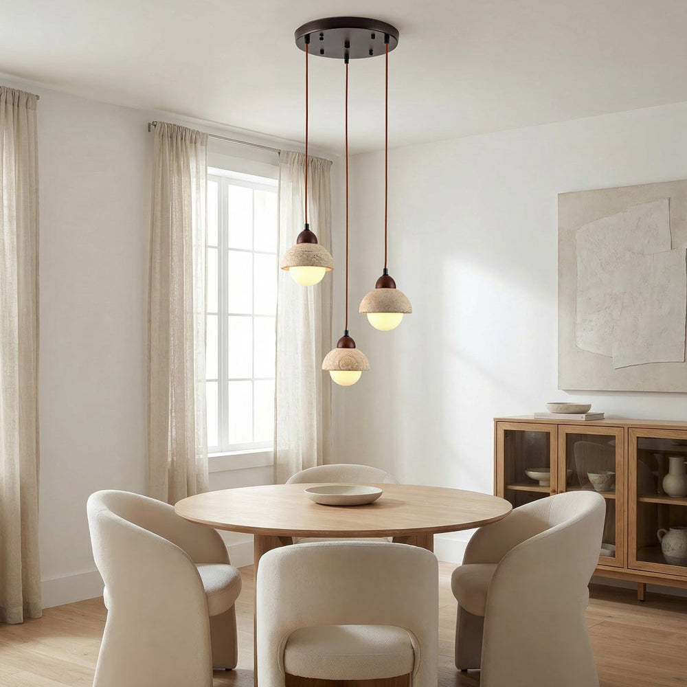 Dark brown and sand beige detail on Sabbia Travertine & Glass Pendant Light — 3 Lights, Round