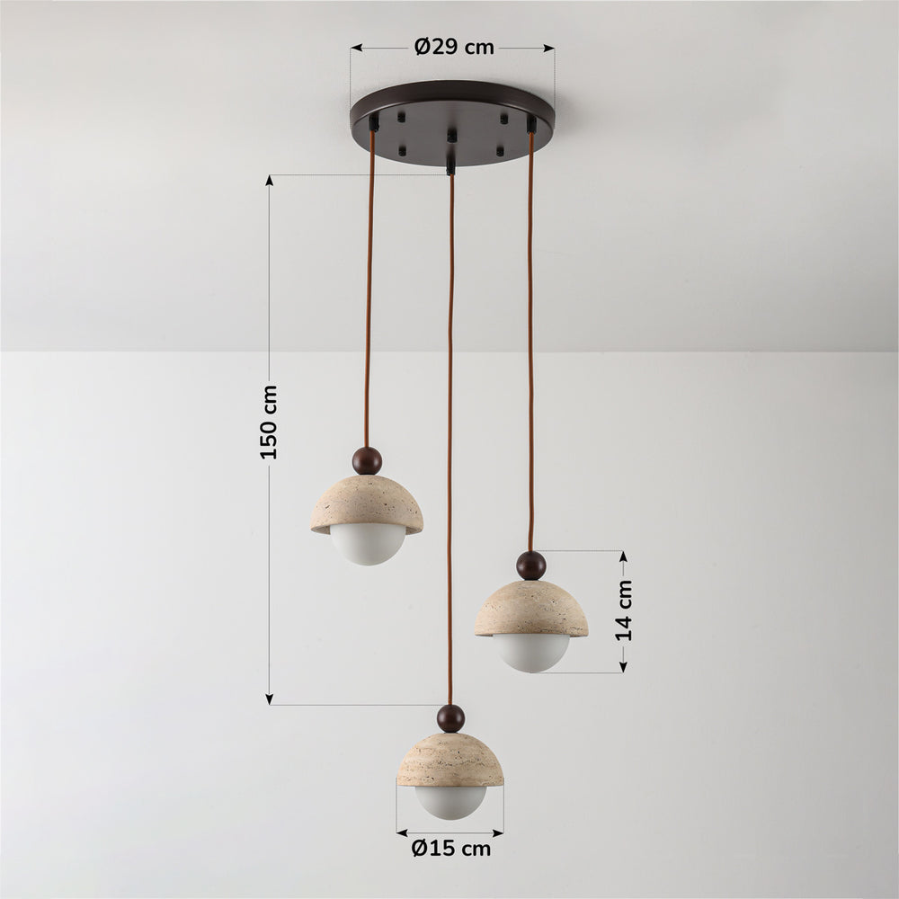 Dimensions for Opale Travertine & Opal Glass Pendant Light — 3 Lights