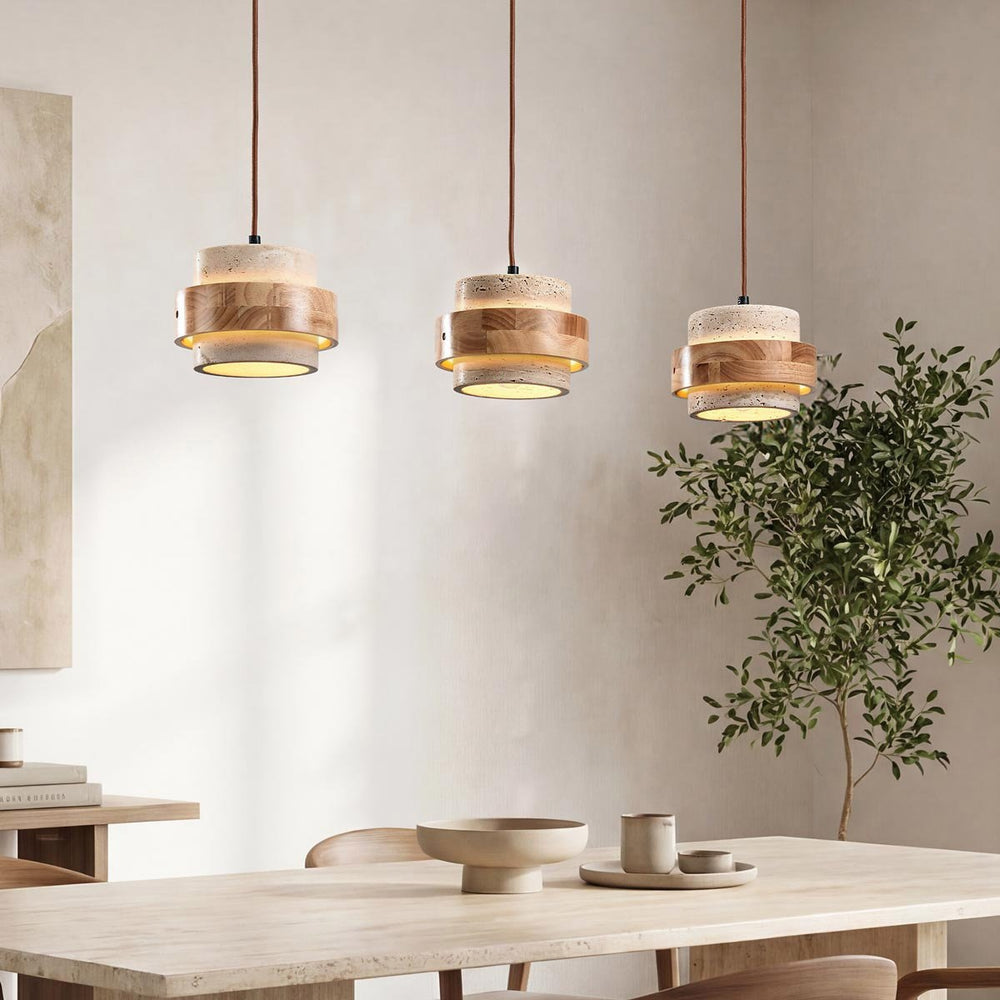 Enju Travertine & Light Wood Pendant Light — 3 Lights in a room