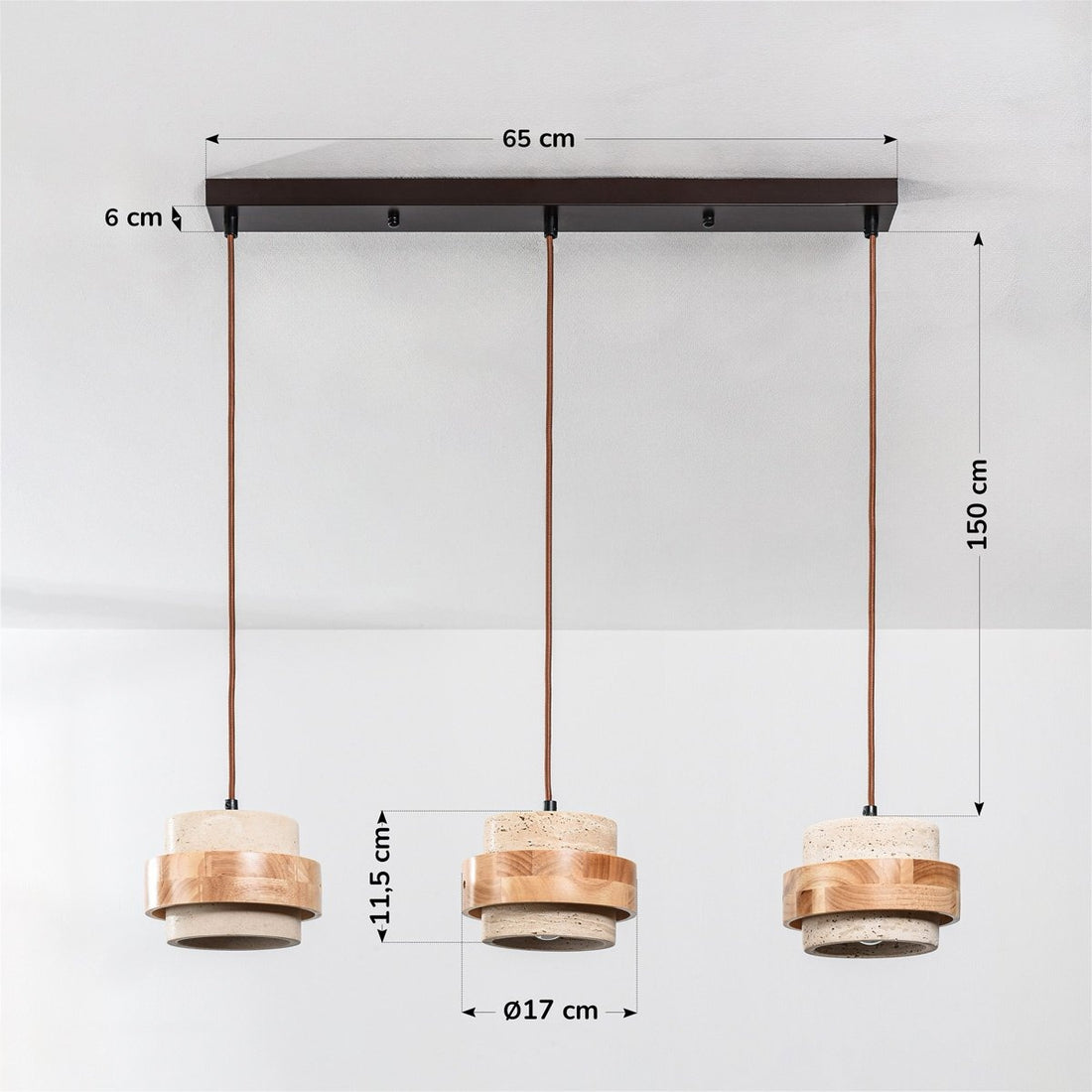 Enju Travertine & Light Wood Pendant Light — 3 Lights