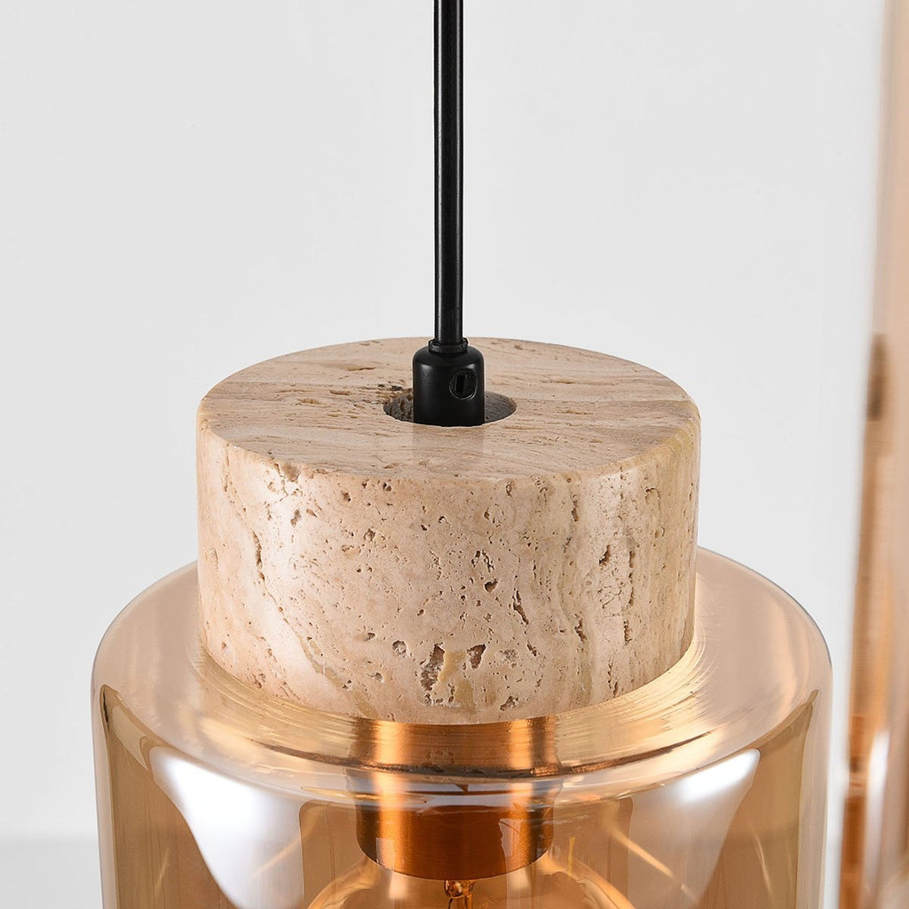 Akiko Travertine & Amber Glass Pendant Light — 3 Lights